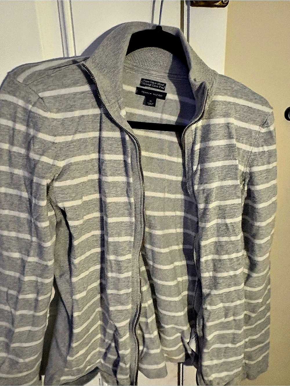 Tommy Hilfiger Striped Zip Cardigan in Gray & White Size Medium